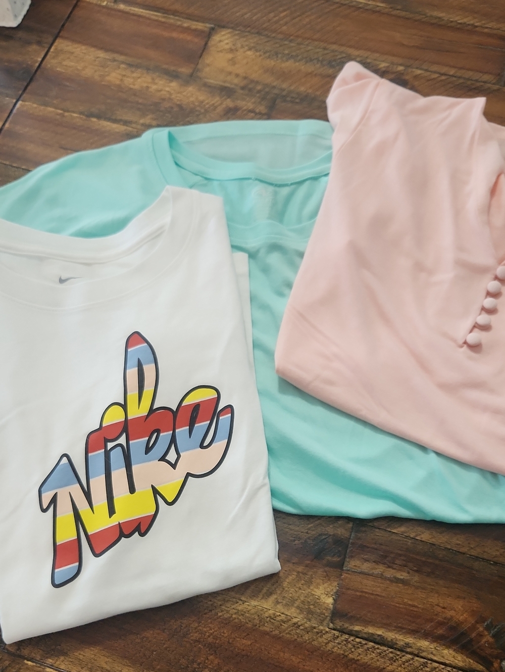 Nike White Graphic Tee with Mint and Soft Pink Tops
